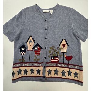 Croft & Barrow Womens M Gray Knit Cardigan With Birdhouse & Star Embroidery